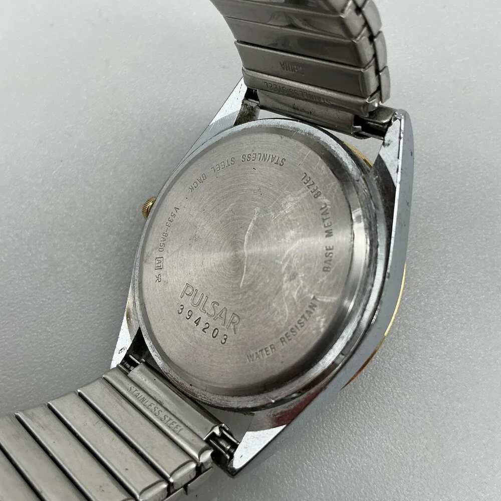 Vintage Pulsar Mens Watch 35mm V-533-8A50 Day Date Two Tone Stretch New Battery